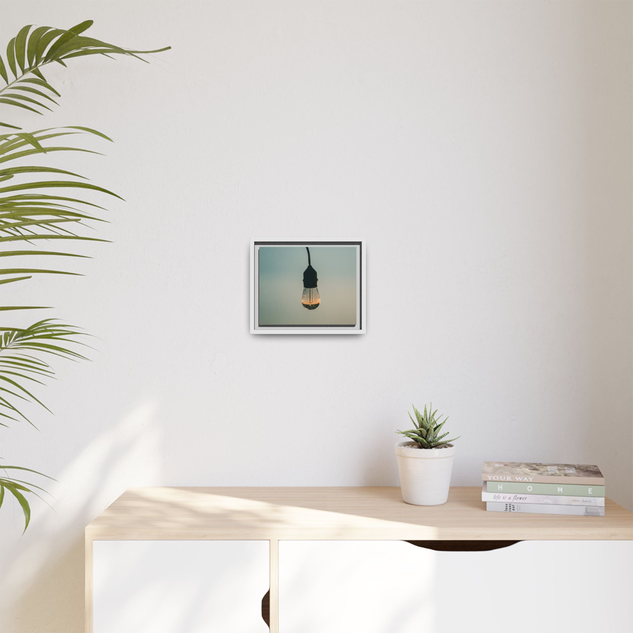 Framed Matte Canvas Wall Art – Vintage Hanging Light Bulb Photograph