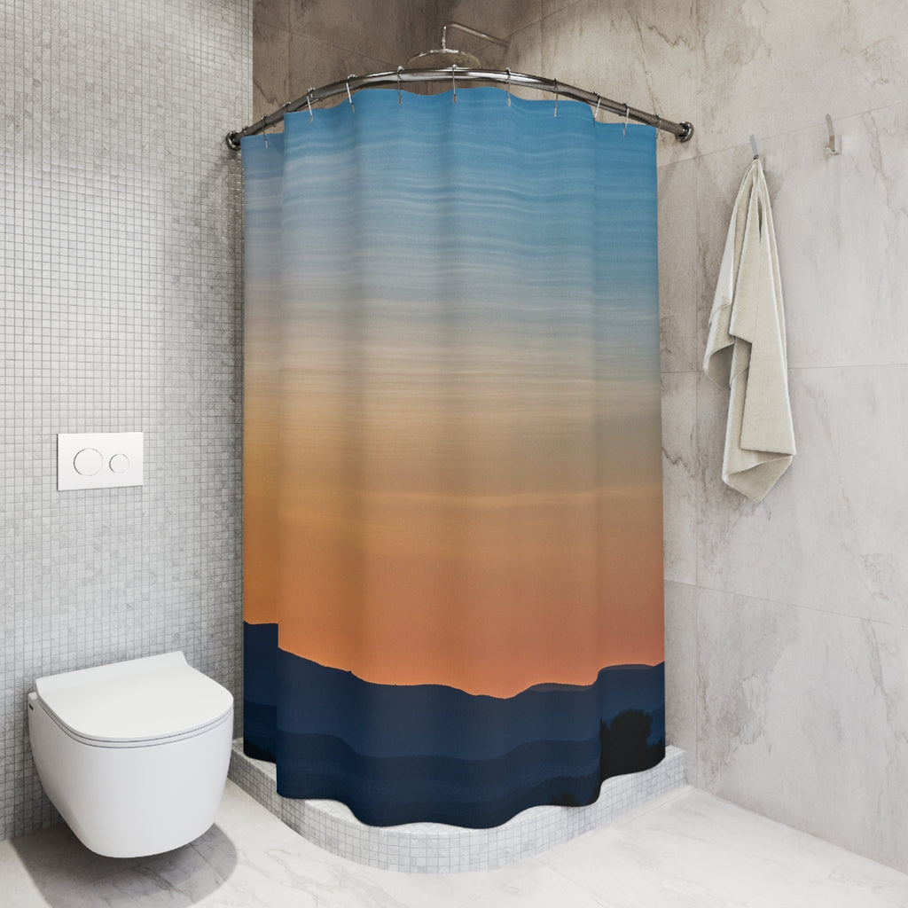 Sunset Horizon Shower Curtain — Abstract Coastal Gradient Bathroom Decor