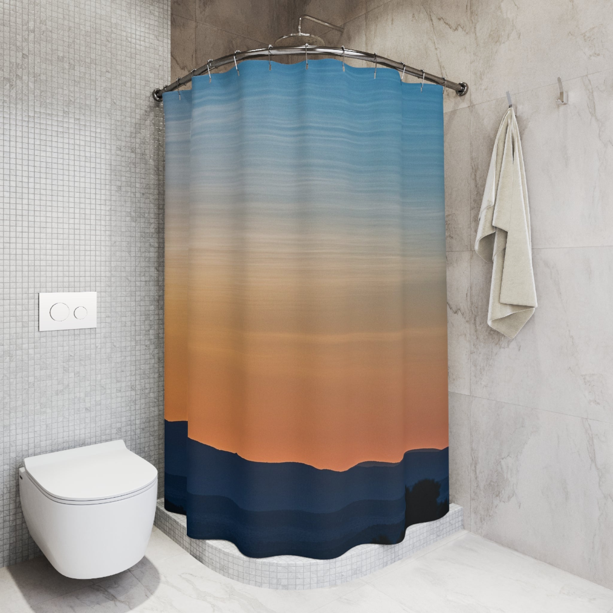 Sunset Horizon Shower Curtain — Abstract Coastal Gradient Bathroom Decor