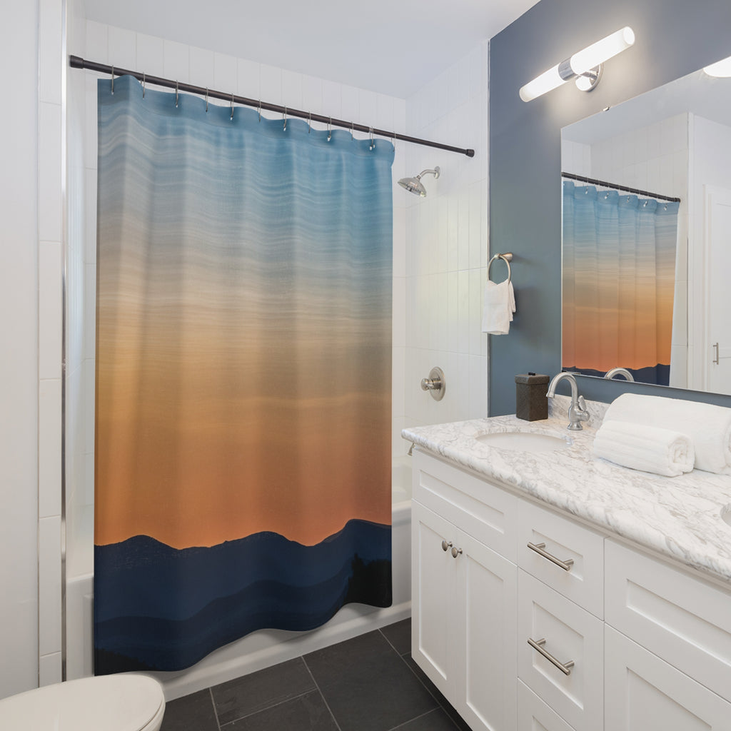 Sunset Horizon Shower Curtain — Abstract Coastal Gradient Bathroom Decor