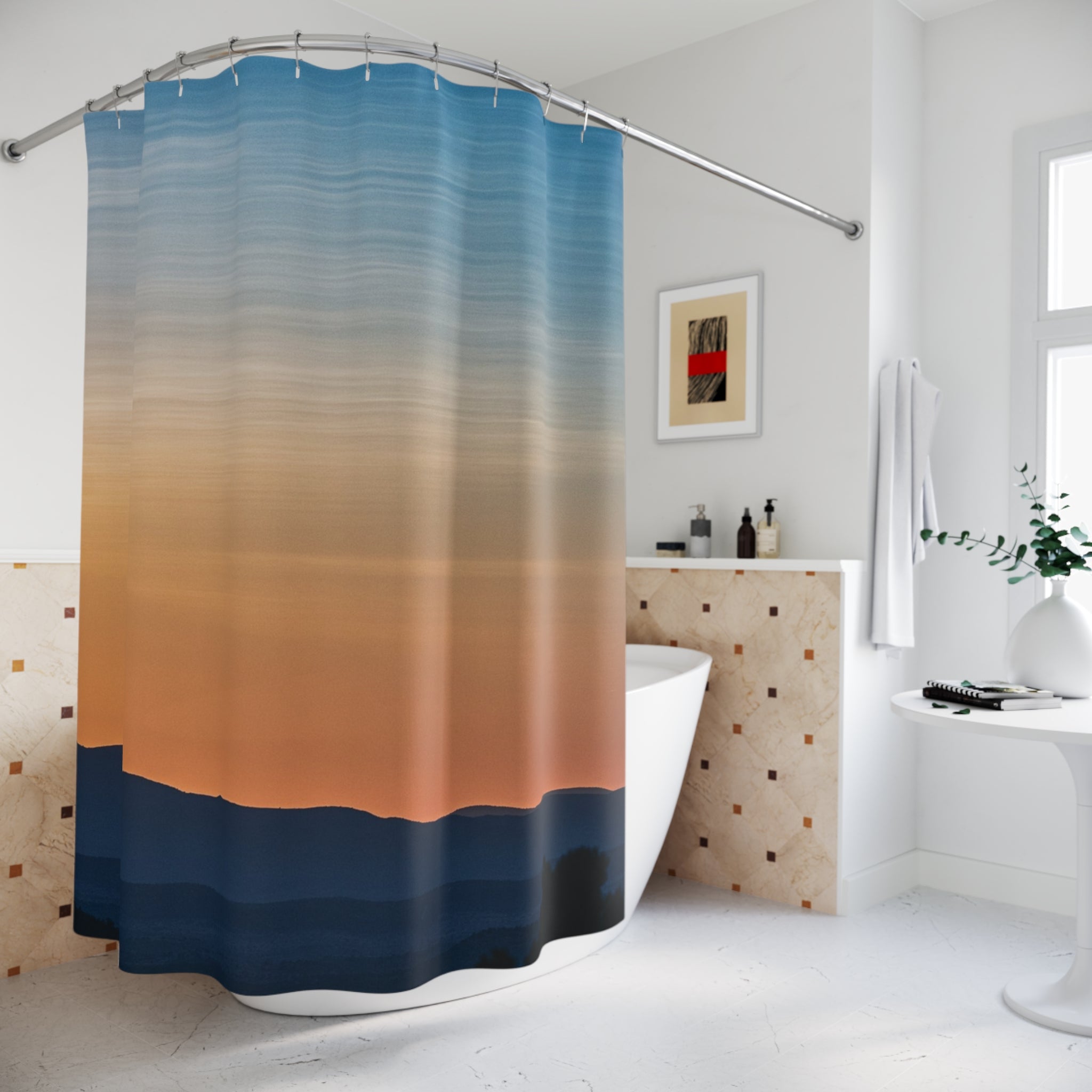 Sunset Horizon Shower Curtain — Abstract Coastal Gradient Bathroom Decor