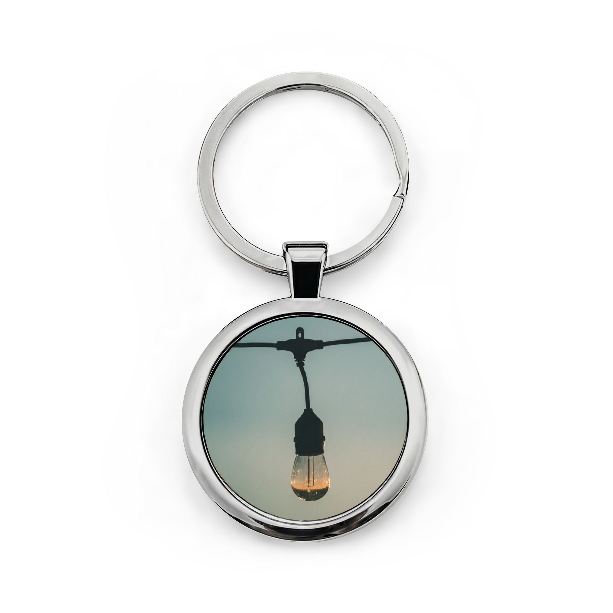 Vintage Edison Bulb Round Stainless Steel Keychain – Warm Light Photo Keyring
